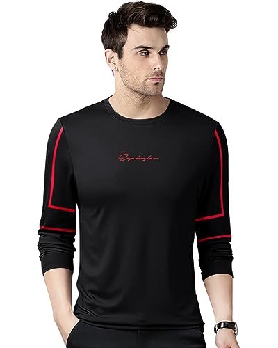 EYEBOGLER Mens Cotton Blend Round Neck Full Sleeve Printed Tshirt Black Red