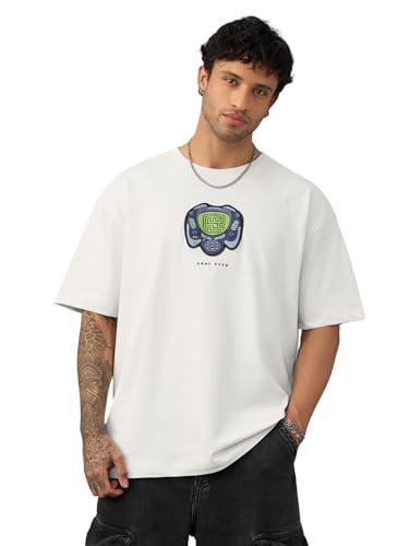 The Souled Store Oversized T-Shirt: Snake Game Men and Boys Short Sleeves Round Neck White Embroidered Applique Patch Casual Str