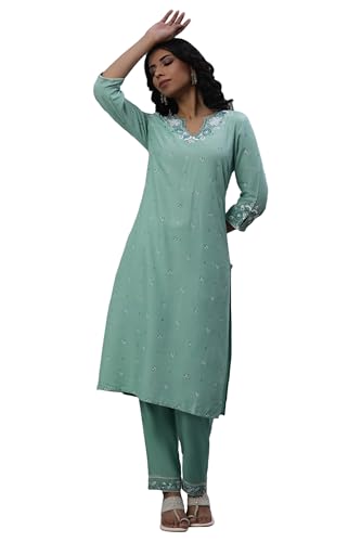 W for Woman W Women Green Festive Floral Print Viscose Co-Ord Kurta Set & Straight Pant