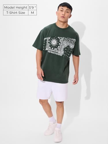 The Souled Store Meadow Men And Boys Short Sleeves Round Neck Green Paisley Printed Cotton Oversized T-Shirts