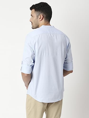 Thomas Scott Mens Solid Slim Fit 100% Cotton Casual Shirt with Mandarin Collar and Full Sleeve Light Blue