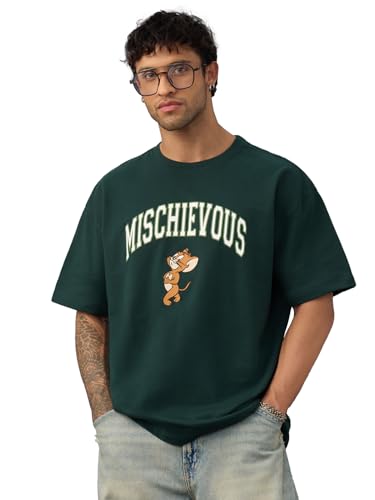The Souled Store Tom & Jerry: Mischievous Men and Boys Short Sleeves Round Neck Green Embroidered Casual Lightweight Cotton Over