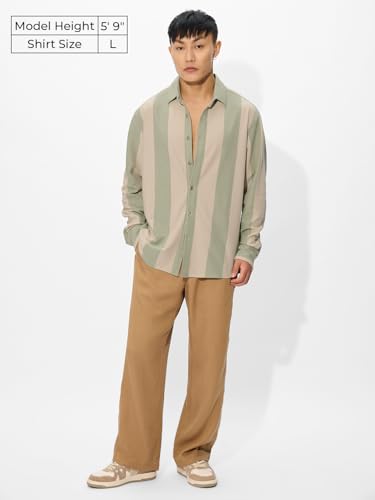 The Souled Store Stripes: Sage Men And Boys Short Sleeves Collared Neck Button Front Regular Fit Cotton Shirt