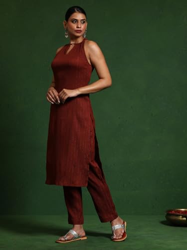 Varanga Women Brown Halter Neck Straight Kurta With Trouser