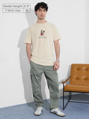 The Souled Store Graphic T-Shirt: Place in Heaven Men and Boys Short Sleeves Round Neck Light Beige Graphic Printed Cotton Relax
