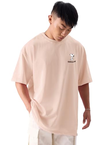The Souled Store|Mens & Boys Official Round Neck|Peanuts Chillin Pink Color Printed|Half Sleeve Oversized|100% Cotton T-Shirts