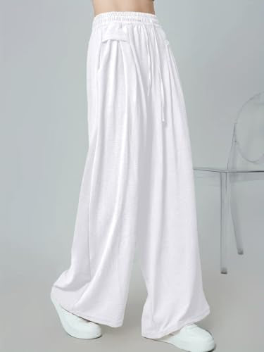 Greciilooks WomenS Loose High Rise Textured Trousers | High-Waisted Pant | Korean Trousars White