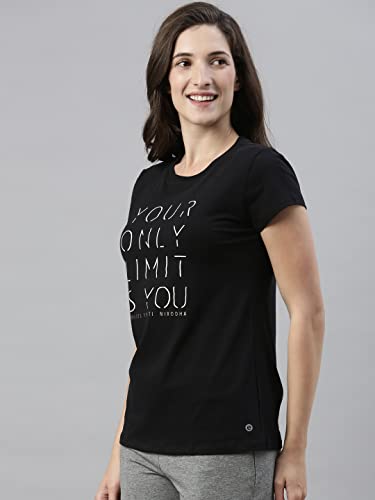 Enamor Essentials Womens Short Sleeve Crew Neck Slim Fit Breathable Stretch Cotton Tee With Graphic - E147(E147-Jet Black /Limi