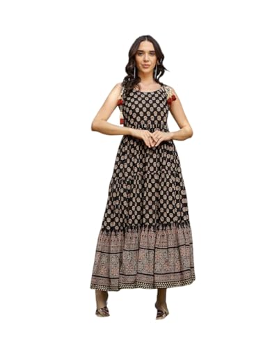 Stylum Womens Ethnic Printed Cotton Tiered Dress Black