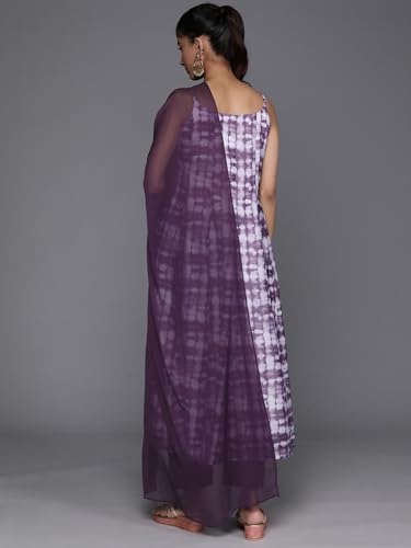 VARANGA Women Violet Spaghetti Strap Anarkali Kurta Paired With Tonal Bottom And Tonal Solid Dupatta