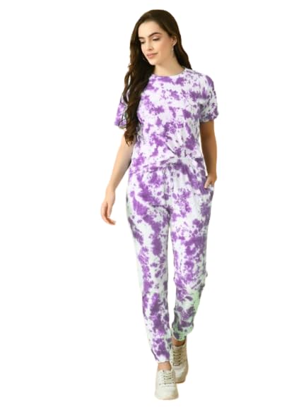 ELLITI Womens Soft Poly Cotton Tie-Dye Printed Crop Length T-Shirt and Pyjama Night Suits Set | Co-ord | Nightwear | Loungewear