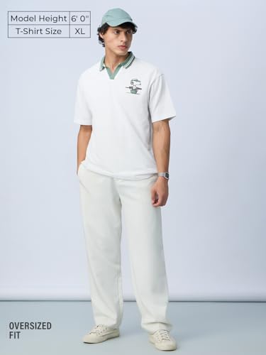 The Souled Store Peanuts: Snoopy Men and Boys Short Sleeves Collared Neck Embroidery Cotton Blend Oversized Polos