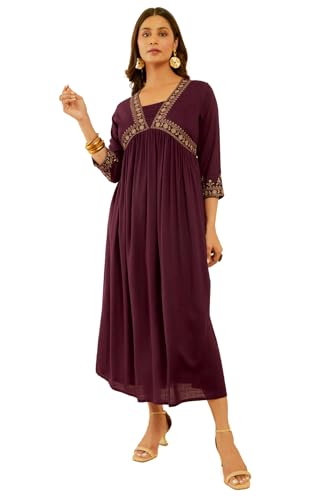 Soch Womens Wine Rayon Slub Floral Embroidered Empire Ethnic Dress