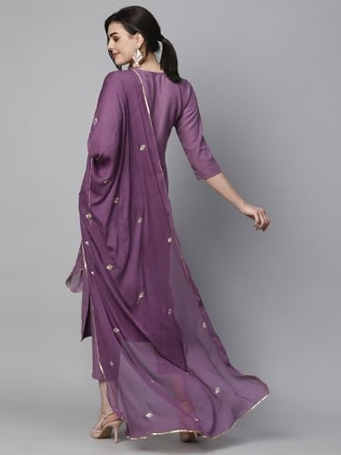 GoSriKi Womens Cotton Blend Embroidered Straight Kurta with Pant & Dupatta (Kasturi Purple-NGT-GS_XXL_Purple_XX-Large)