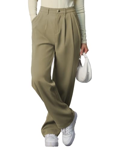 The Souled Store Korean Pants 3.0: Forest Green Women and Girls Buttoned Solid Polyester Straight Fit Casual Korean Pants