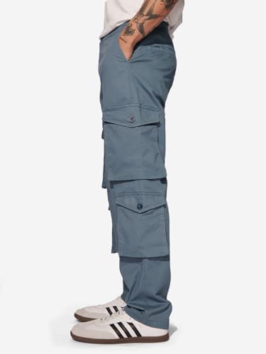 The Souled Store Solids: Steel Blue Men and Boys Buttoned Cotton Blend Straight Fit Cargo Pants