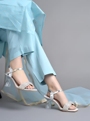 Shoetopia Embellished Rhinstone Silver Heeled Sandals For Women & Girls /Eu41