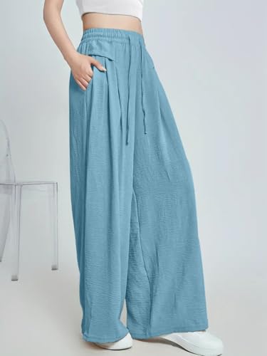 Greciilooks WomenS Loose High Rise Textured Trousers | High-Waisted Pant | Korean Trousars Light Blue