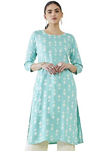 Soch Women Turquoise Blue Rayon Printed Kurta
