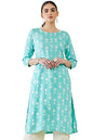 Soch Women Turquoise Blue Rayon Printed Kurta