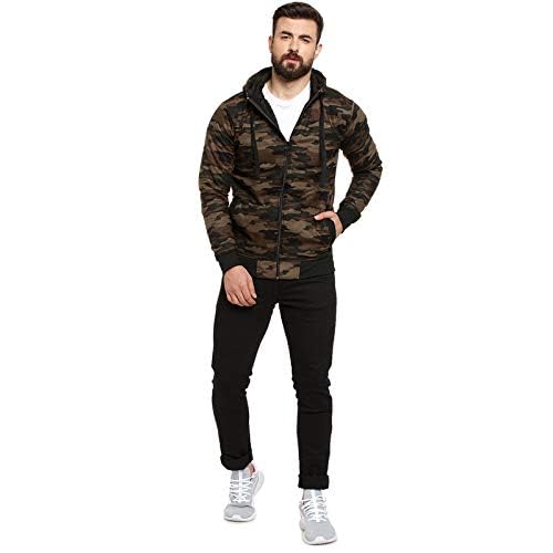 Campus Sutra Mens Olive Green Camouflage Printed Zipper Sweatshirt Regular Relaxed Fit for Casual Wear | Structured Hoodie Craf