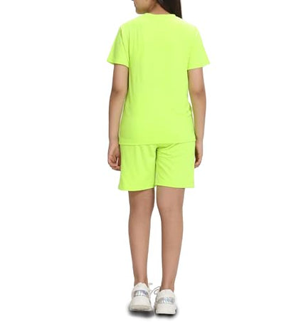 Kyda Kids Girls 100% Pure Cotton Premium Chest Printed Noen Green Tshirt And Short Set For Summer (Pack Of 1)