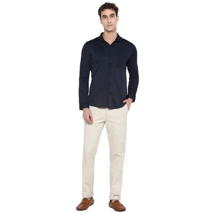Turtle Men Navy Blue Polyester Solid Slim Fit Shirts