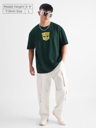 The Souled Store Transformers: Bumblebee Mens & Boys Oversized Fit Graphic Printed Half Sleeve Cotton Green Oversized T-Shirts M