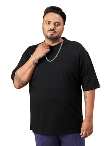 Bewakoof Mens Solid Oversized Fit Half Sleeve Round Neck Cotton Blend Plus Size T-Shirt 624942 Black_4XL