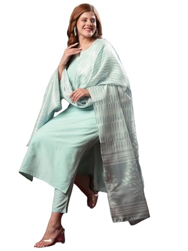 ANNI DESIGNER Womens Rayon Blend Solid Straight Kurta with Pant & Dupatta (PRAGYA See GREEN-VKS01_L_See Green_Large)