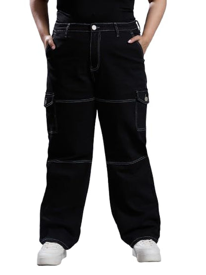 Style Quotient Women Plus Size Black Relaxed Fit High Rise Stretchable Cargos