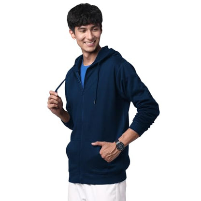 ADRO Mens Cotton Solid Zipper Hoodie Sweatshirts (ZH23-PLN-NB_Navy)