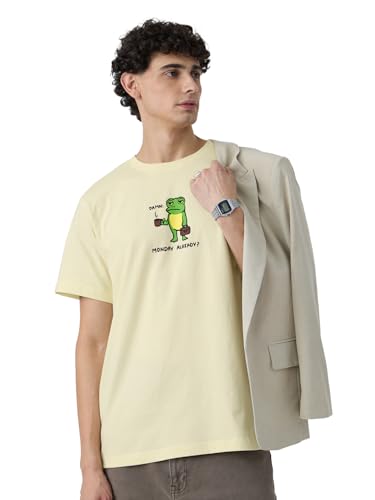 The Souled Store Relaxed T-Shirt: Monday Frog Men and Boys Short Sleeves Round Neck Off White Graphic Printed Relaxed Fit Cotton