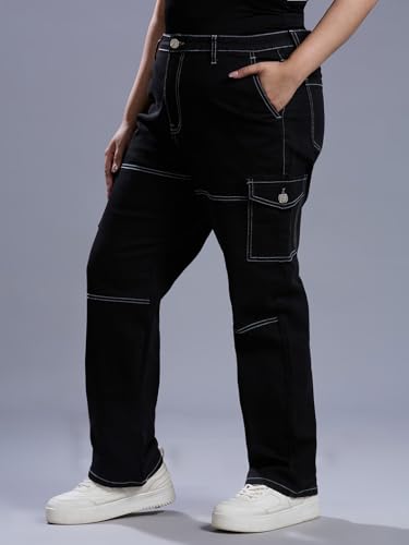 Style Quotient Women Plus Size Black Relaxed Fit High Rise Stretchable Cargos