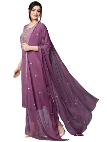 GoSriKi Womens Cotton Blend Embroidered Straight Kurta with Pant & Dupatta (Kasturi Purple-NGT-GS_XXL_Purple_XX-Large)