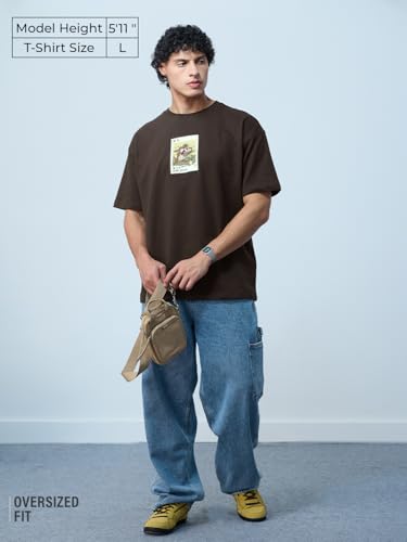 The Souled Store Looney Tunes: Insta Taz Men and Boys Short Sleeves Round Neck Brown Embellished Cotton Oversized T-Shirts