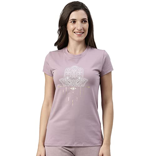 Enamor Essentials Womens Short Sleeve Crew Neck Slim Fit Breathable Stretch Cotton Tee With Graphic - E147(E147-Mauve Pink / Ha