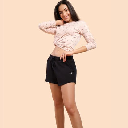 Enamor Essentials Womens Relaxed Fit Mid Rise 100% Cotton Mid-Thigh Length Shorts With Adjustable Waistband & Pockets - E078(E0
