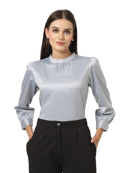 Style Quotient Women Solid Powder Blue Satin Regular Party Top