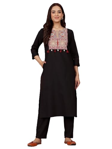Varanga Women Jaipuri Ethnic Printed Yoke with Tassel & Shell Detailed Straight Kurta Black