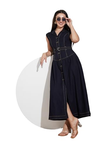 Miss Chase Womens Notched-Collar Sleeveless Waist Maxi-Length Light Weight Denim Shirt Dress (Mcss25Den04-65-57-06, Dark Blue, X