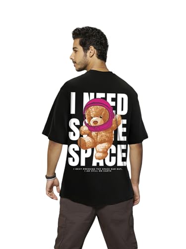 Bewakoof MenS Need Space Teddy Typography 100% Cotton T-Shirt - Oversized Fit, Round Neck, Half Sleeves Black