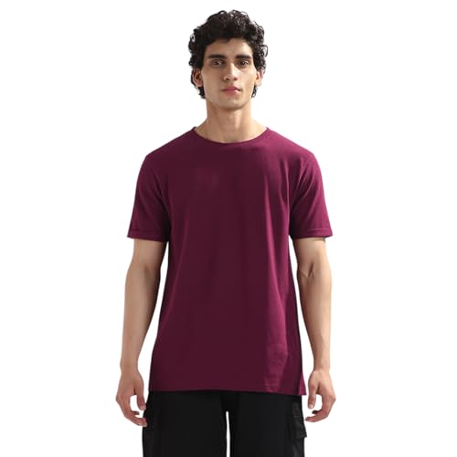 Nobero MenS Solid Regular Fit T-Shirt (1M-Twts-R0107_Burgundy