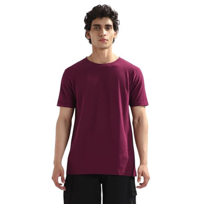 Nobero MenS Solid Regular Fit T-Shirt (1M-Twts-R0107_Burgundy