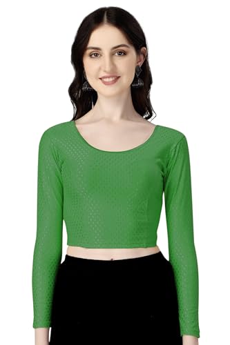 Shiv Textiles Round Neck Dobby Cotton Lycra Stretchable Elbow Sleeve Readymade Saree Blouse for Women Stylish (GreenOver Size Fu