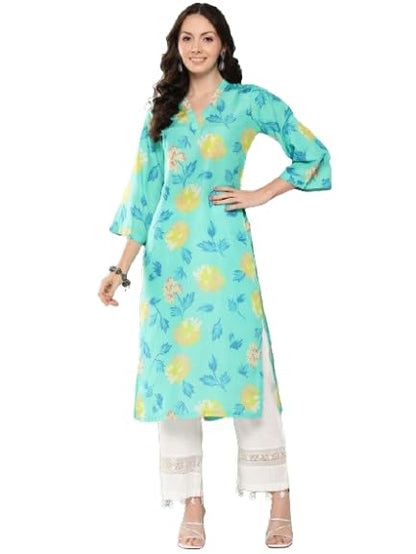 Varanga Women Turqouise Blue Floral Printed Straight Kurta Withthree Quarter Bell Sleeves