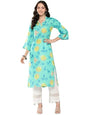 Varanga Women Turqouise Blue Floral Printed Straight Kurta Withthree Quarter Bell Sleeves