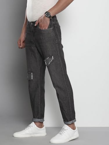 The Indian Garage Co Men Dad Fit Distressed Mid-Rise Jeans Charcoal
