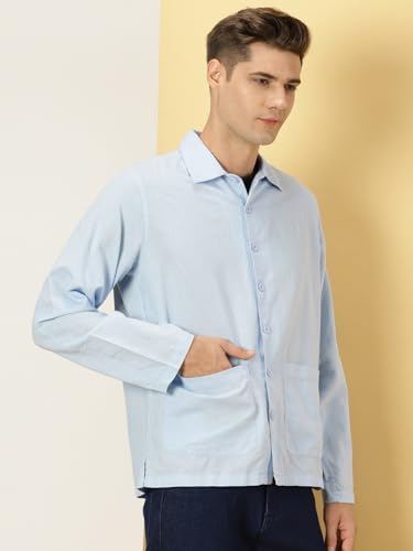 Thomas Scott Oversized Linen Double Pocket Solid Shirts For Mens Blue
