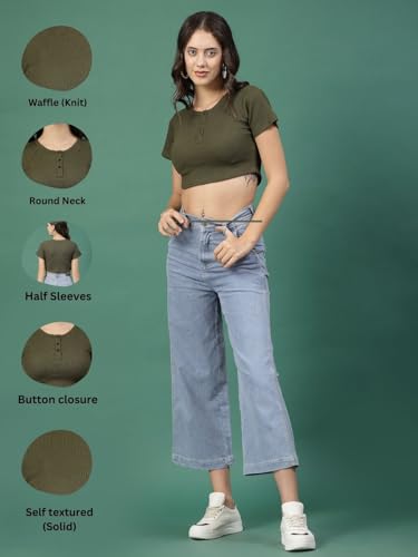 Rigo Cotton Top for Women | Stylish, Solid, Western Crop Top for Women | Round Neck, Half Sleeves Crop Top for Women